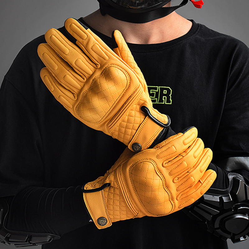 Motorcycle Gear Gloves - 레트로 가죽 오토바이 장갑 풀핑거 옐로우